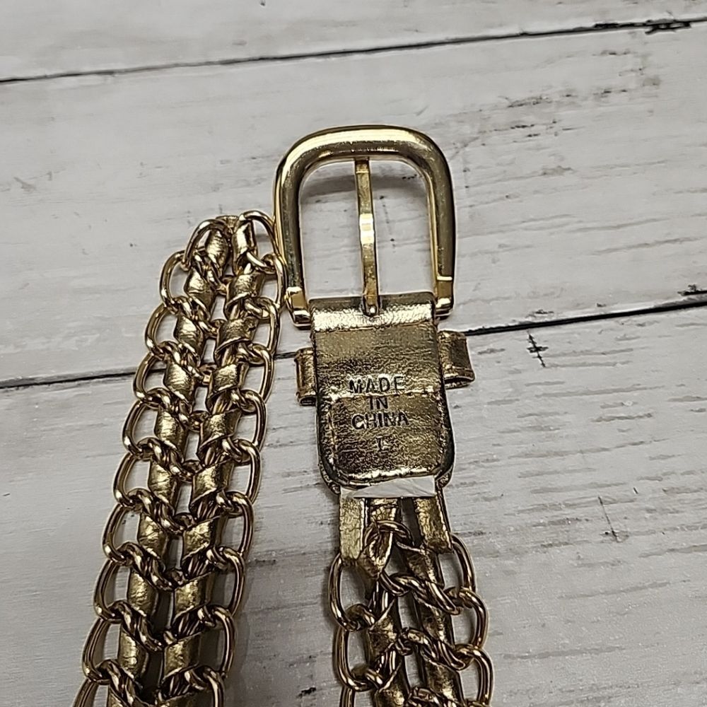 VINTAGE GOLD BUCKLE BELT METAL CHAIN BOHO HIPPIE 1 1/4" SIZE L 45" - Picture 3 of 7